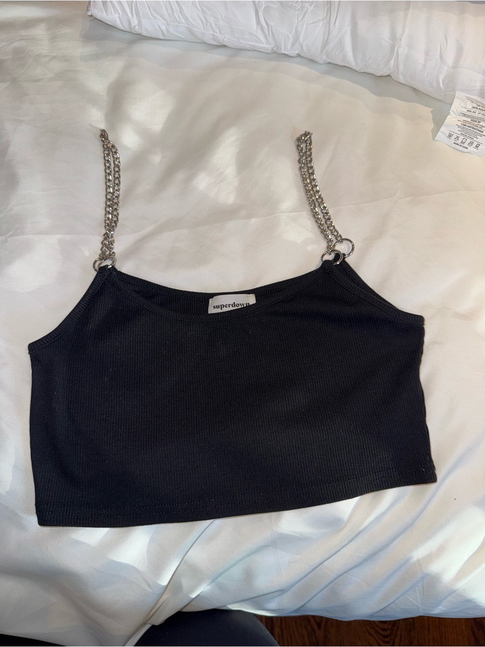 superdown Black Ribbed Crop Tank with Silver Chain Straps